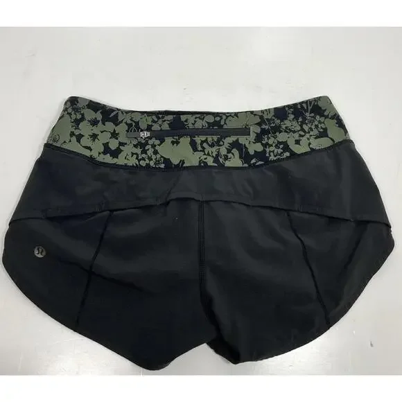 Lululemon Speed Up Women’s Sz 2 Black Efflorescent Barracks Green Lined Shorts - Picture 1 of 8